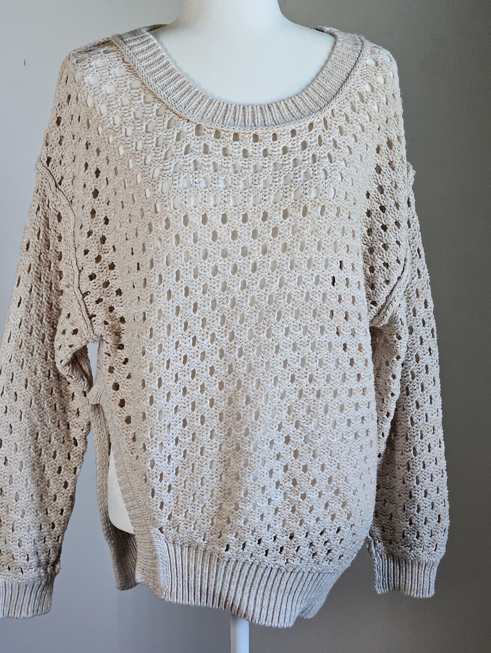 BDG Cotton Sweater Top Cable Trim Open Crochet Raglan Beachy Coastal SM